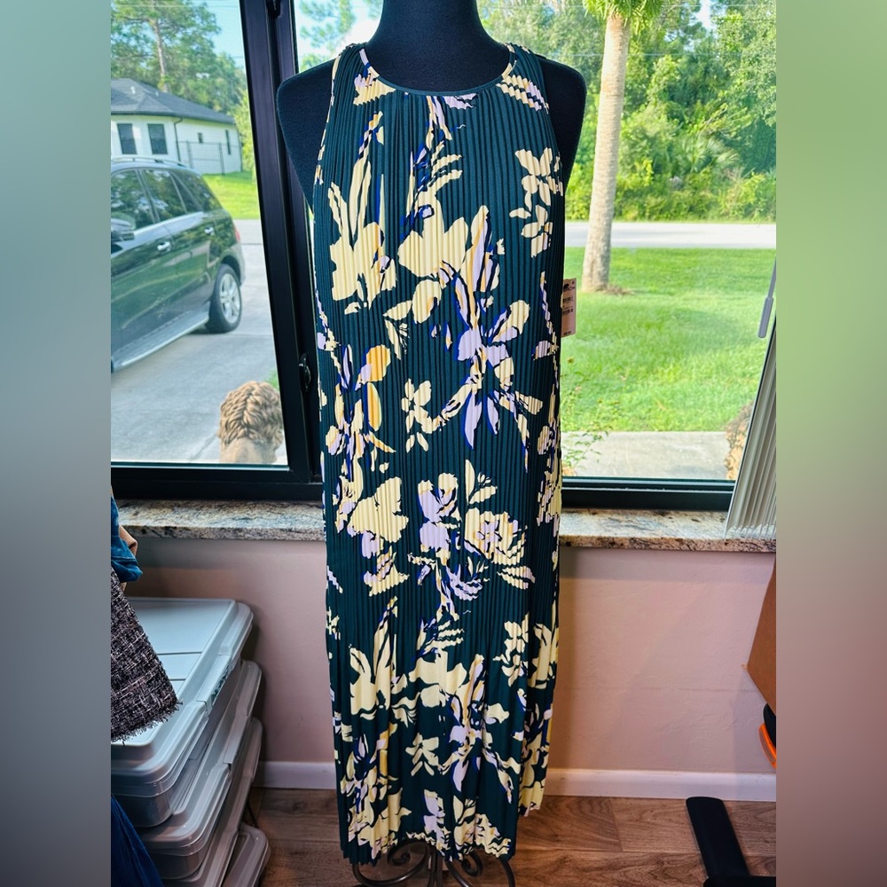 Halogen Green Barrí Floral Sleeveless Pleated Maxi Botanical Dress Size Medium